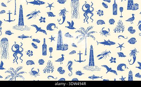 Motivo Living Seamless Coastal disegnato a mano, timbro Ocean Travel con silhouette Mediterranean Travel. Atmosfera estiva italiana e spagnola con cibo e vino, cucina costiera amalfitana e frutti di mare Illustrazione Vettoriale