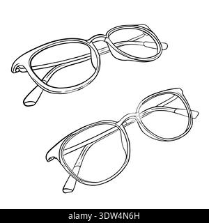 Illustrazione che raffigura due paia di occhiali da vista in stile minimalista e presenta diversi design di montature per la moda e l'uso ottico Illustrazione Vettoriale