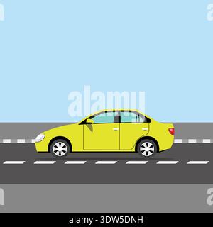 Berlina gialla che guida su strade urbane, illustrazione di un moderno veicolo passeggeri in stile piatto con sfondo autostradale e cielo limpido. Illustrazione Vettoriale