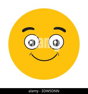 Viso emoji giallo sorridente con grandi occhi e espressione allegra, semplice simbolo emoticon cartoni animati che rappresenta la felicità e l'umore positivo. Illustrazione Vettoriale