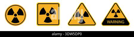 Simboli di avvertenza radiazioni impostati con icone di pericolo nucleare in cartelli circolari, quadrati e triangolari, illustrazione di allarme di sicurezza su sfondo chiaro. Illustrazione Vettoriale