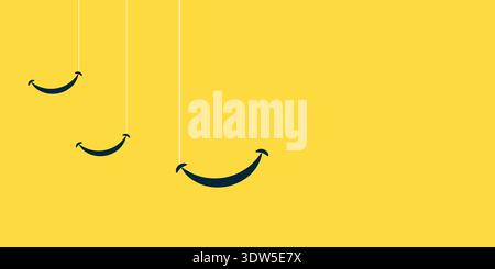 Design del World Smile Day con icone sorridenti su sfondo giallo brillante, allegra grafica celebrativa che promuove felicità e positività. Illustrazione Vettoriale