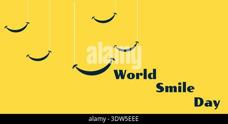 Design del World Smile Day con icone sorridenti su sfondo giallo brillante, allegra grafica celebrativa che promuove felicità e positività. Illustrazione Vettoriale