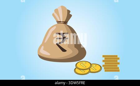 Borsa con simbolo della rupia indiana e monete d'oro, risparmio finanziario e illustrazione del concetto di investimento su sfondo blu. Illustrazione Vettoriale