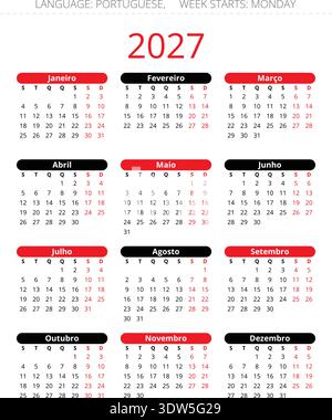 Semplice calendario portoghese 2027 per il portogallo con sfondi mensili neri e rossi Illustrazione Vettoriale
