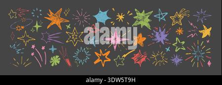 Disegnare a mano colorate stelle del pastello sulla lavagna. Illustrazione vettoriale di fuochi d'artificio natalizi, scintille, stelle, elementi di design in gesso con motivo infantile. Disegna icone scintillanti o comete sparatorie Illustrazione Vettoriale