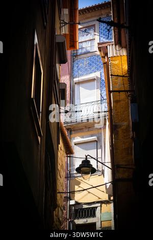 Vista degli edifici antichi sorgono in una strada stretta, le loro pareti dipinte in tonalità di giallo, rosa e blu, sotto la luce del giorno, Porto, Portogallo. Foto Stock