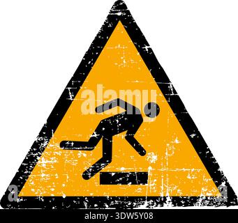 Illustrazione vettoriale di un ostacolo a livello del pavimento e segnale di pericolo di inciampo con una trama grunge. Simbolo del triangolo giallo graffiato usurato che mostra una persona t Illustrazione Vettoriale