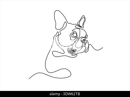 Astratto vettoriale continuo una singola semplice icona di disegno della faccia di un piccolo cane in uno schizzo di silhouette. Perfetto per i biglietti d'auguri Illustrazione Vettoriale