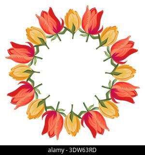 Illustrazione vettoriale di una corona floreale a molla realizzata in tulipani rossi e gialli con foglie verdi. Composizione rotonda per inviti di nozze, biglietti d'auguri e design decorativo. Illustrazione Vettoriale