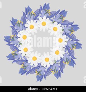 Illustrazione vettoriale di una corona floreale di primavera con margherita bianca e fiori blu. Composizione rotonda per inviti di nozze, biglietti d'auguri, branding e decorazioni. Illustrazione Vettoriale