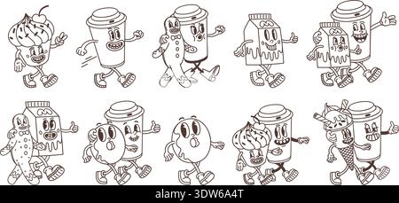 Allinea caffè e dolci con personaggi di cartoni animati retrò e dessert dallo stile accattivante. Linea elementi vettoriali di cibo stradale. Ottimo per Illustrazione Vettoriale