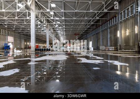Cottbus, Germania. 25 febbraio 2026. L'acqua piovana si trova sul terreno presso il cantiere del nuovo stabilimento di Cottbus. I lavori di costruzione della seconda sala del nuovo impianto ferroviario sono in corso dall'inizio del 2024. Crediti: Frank Hammerschmidt/dpa/Alamy Live News Foto Stock