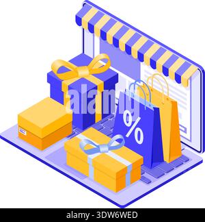 Concetto isometrico di shopping online, consegna e logistica. computer portatile con borsa, consegna online, regalo, carta di credito. internet 24 ore su 24 per fare shopping a casa. isola Illustrazione Vettoriale