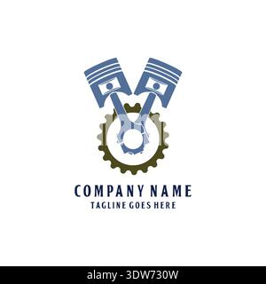 Emblema dei componenti del motore con due pistoni e attrezzatura industriale per il marchio di assistenza auto Garage Illustrazione Vettoriale