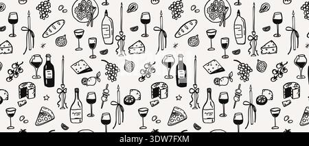 Festa e festa con motivo senza cuciture, vino, formaggio e spuntini per il menu del catering. Illustrazione Vettoriale