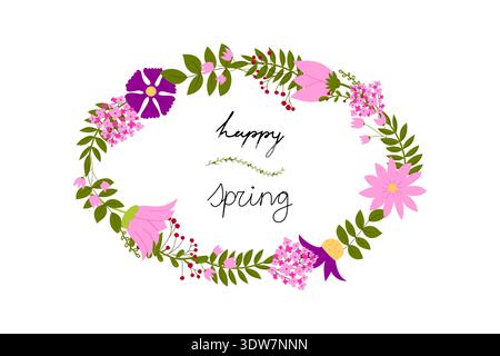 Luminoso biglietto di benvenuto primaverile con elegante scritta Hello Spring e dettagli floreali in fiore. in vettore Illustrazione Vettoriale