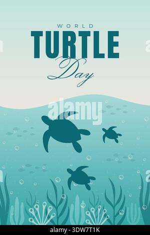 Poster della giornata mondiale delle tartarughe con tartarughe marine che nuotano nell'illustrazione dei vettori dell'acqua dell'oceano. Illustrazione Vettoriale