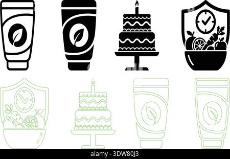 Icone cosmetiche organiche, torta e protezione alimentare sano Set illustrazione vettoriale Illustrazione Vettoriale