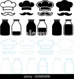 Icone cappello da cuoco, baffi e bottiglia di latte Set illustrazione vettoriale Illustrazione Vettoriale