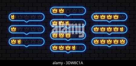 La valutazione della corona al neon viene visualizzata in fotogrammi di chat luminosi. Le icone dorate evidenziano lo stato dal livello base a quello premium. Ideale per servizi VIP, abbonamenti, o. Illustrazione Vettoriale
