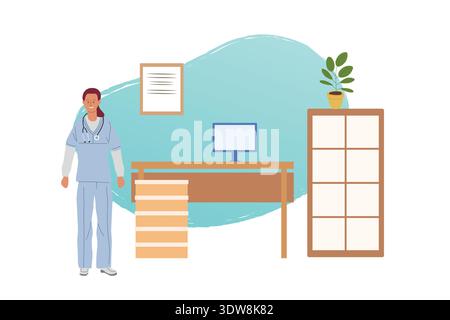 Infermiere o medico sorridente in uniforme con stetoscopio intorno al collo è accogliente in ufficio vicino alla scrivania. Illustrazione vettoriale. Illustrazione Vettoriale