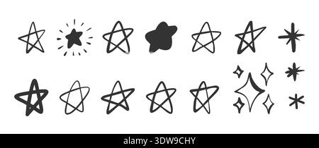 Le icone a forma di scarabocchio disegnate a mano con stella brillano impostate in stile di schizzo. Stelle d'inchiostro nero, scintille e forme astratte delle stelle per collage, adesivi decorativi, design per bambini, Branding. Elementi vettoriali Illustrazione Vettoriale