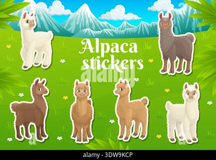 Vignetta lama e alpaca adesivi di divertenti lama Animals, pacchetto vettoriale. Adesivi per bambini di adorabili lama o alpaca con allegri volti di museruola sul prato verde delle montagne innevate Illustrazione Vettoriale