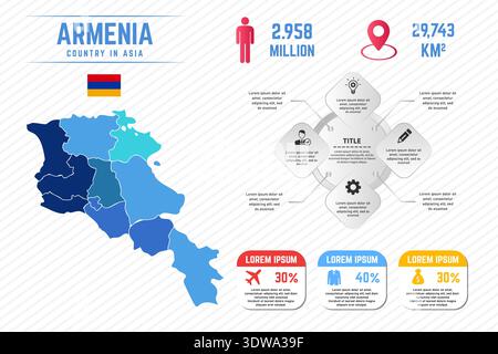 Il colorato modello infografico Armenia Map può essere utilizzato per progetti aziendali, progetti di presentazione o qualsiasi altro progetto adatto. Illustrazione Vettoriale