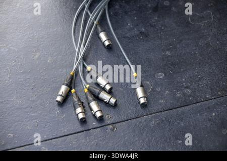 Cavi audio professionali disordinati con connettori in metallo argento. Cavo per apparecchiature audio per concerti o studi su palcoscenico buio. Attrezzatura tecnica Foto Stock