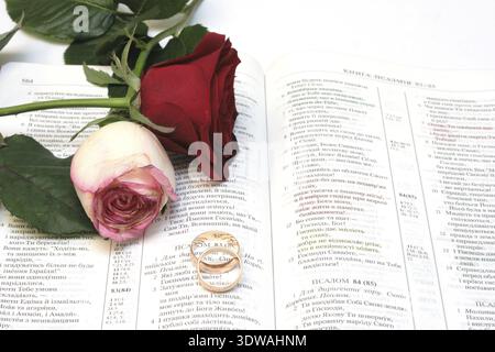 Due rose rosse e fedi nuziali sulla Bibbia Foto Stock