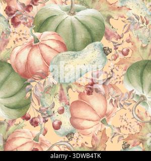 Stampa ad acquerello di varietà di verdure. Motivo acquerello senza cuciture di zucche e fogliame autunnale in colori pastello tenui disegnati a mano isolati. Stravagante Foto Stock