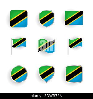 Set icone bandiera Tanzania, può essere utilizzato per progetti aziendali, progetti di presentazione o qualsiasi altro design adatto. Illustrazione Vettoriale