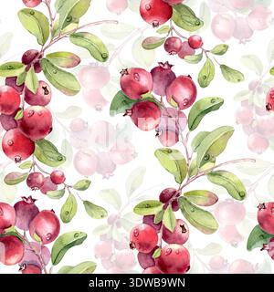 Acquerello di mirtillo con motivo senza cuciture su sfondo bianco. Motivo botanico verticale di bacche mature rosse. Piante selvatiche del nord con frutti trafilati a mano Foto Stock