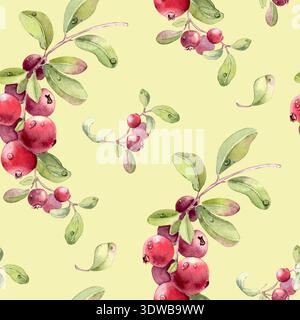 Bacche rosse acquerello su rami verdi motivo senza cuciture su sfondo giallo. Illustrazione botanica ripetuta per un design fresco e floreale Foto Stock