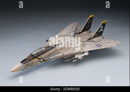 Il Grumman F-14A Tomcat è un aereo da combattimento supersonico della Marina degli Stati Uniti con ali a sweep variabile e due motori. Questo modello statico in plastica in scala 1:48 raffigura un aereo grigio con code verticali nere che rappresentano il Fighter Squadron Eighty-Four "Jolly Rogers". L'immagine d'archivio registra il modello della mostra risalente al 1989 circa. Foto Stock