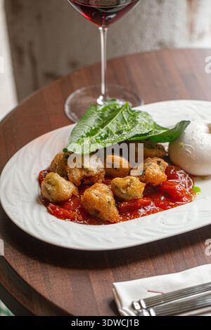 Burrata con pollo arrosto e vino rosso Foto Stock