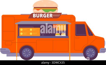Furgone di cibo per hamburger. Icona del cartone animato del fornitore del festival isolata su sfondo bianco Illustrazione Vettoriale