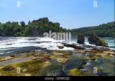 Una splendida vista aerea delle Cascate del Reno in Svizzera, che mostra le potenti acque a cascata e lo storico castello Schloss Laufen arroccato su una Foto Stock