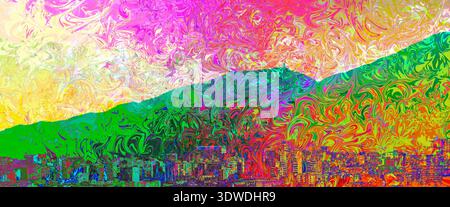 Vibrante opera d'arte digitale astratta che raffigura uno skyline stilizzato della città sotto un'ampia silhouette di montagna. La composizione è caratterizzata da CO grassetto e saturo Foto Stock