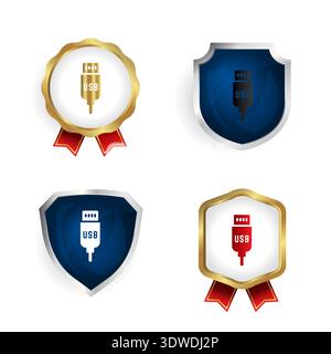 Badge per cavo USB astratto e raccolta di etichette, possono essere utilizzati per progetti aziendali, progetti di presentazione o qualsiasi altro progetto adatto. Illustrazione Vettoriale