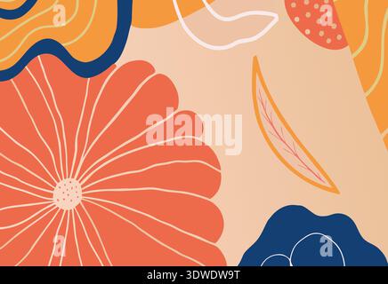 Luminoso e allegro design astratto con grandi fiori d'arancio e forme fluide in vari colori. L'arte trasuda un'atmosfera vivace, perfetta per il mese Foto Stock