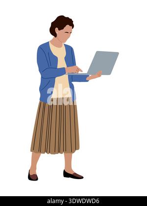 Donna in cardigan e gonna a pieghe con laptop Illustrazione Vettoriale