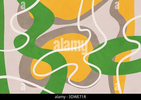 Illustrazione astratta con una disposizione armoniosa di linee curve in tonalità verde, giallo e grigio. Perfetto per sfondi creativi o artisti Foto Stock