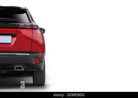 Una foto ravvicinata della parte posteriore destra di un'auto moderna rossa con un bellissimo effetto di profondità di campo ridotta. Foto Stock