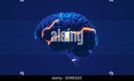 Un grafico cerebrale visualizza un interruttore di accensione e spegnimento, che simboleggia il concetto di attivazione e disattivazione. I colori brillanti migliorano l'aspetto visivo. Foto Stock