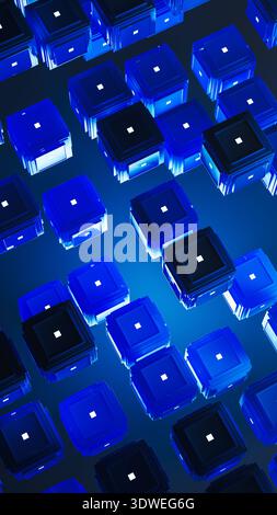 Questo design presenta uno sfondo blu astratto riempito di forme geometriche a cubo. L'immagine trasmette un senso di tecnologia e dati. Foto Stock