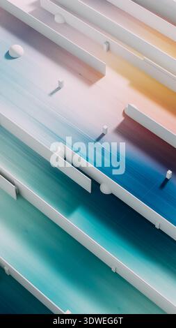 Uno sfondo 3D vibrante con sfumature uniformi e forme geometriche in blu, arancione e bianco per un effetto visivo sorprendente. Foto Stock