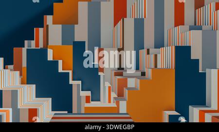 Una scenografia tridimensionale con scale e linee colorate che formano un modello astratto. Il design presenta livelli e bordi netti. Foto Stock