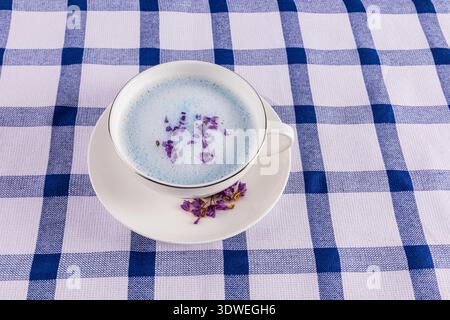 Un latte matcha blu splendidamente lavorato servito in una tazza bianca su una tovaglia blu e bianca a scacchi. Delicati petali di fiori viola guarniscono la crema Foto Stock